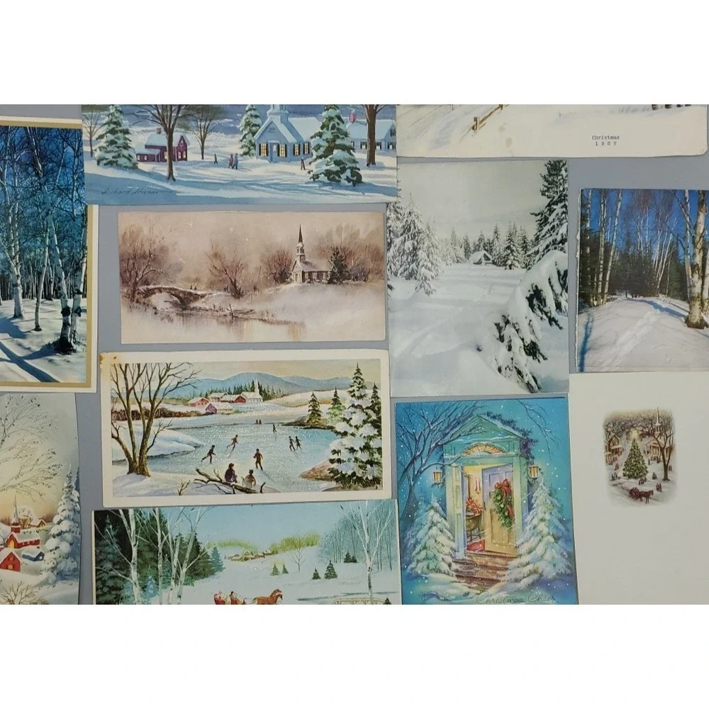 11 Old Vintage Used‎ Christmas Card Fronts for Crafts Winter Snow Country Woods